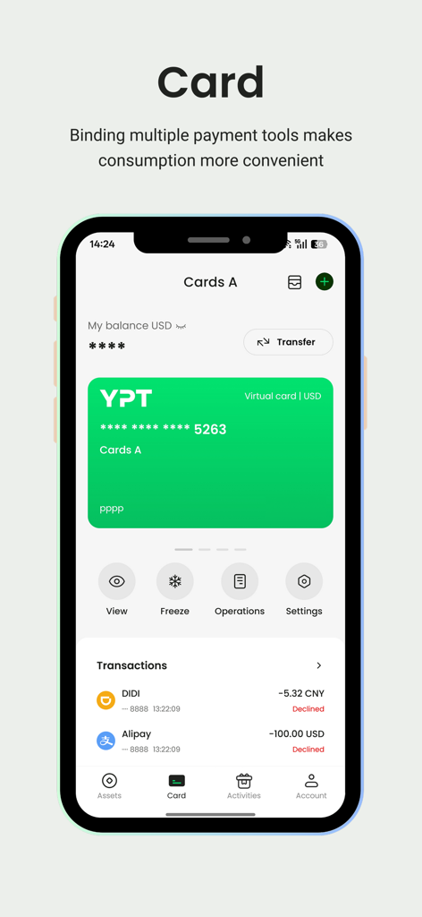 YPT: Crypto Card & Pay - The YPT mobile app interface showing a green virtual crypto card and recent transaction history.