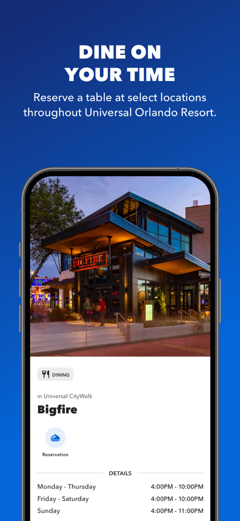 Screenshot of Universal Orlando Resort app showing the dining reservation page for Bigfire restaurant at Universal CityWalk