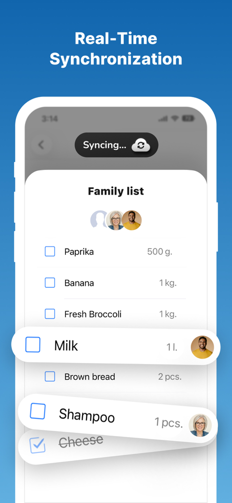 Shopping Share - Grocery list - Mobile app interface showing a shared family grocery list with real-time synchronization features