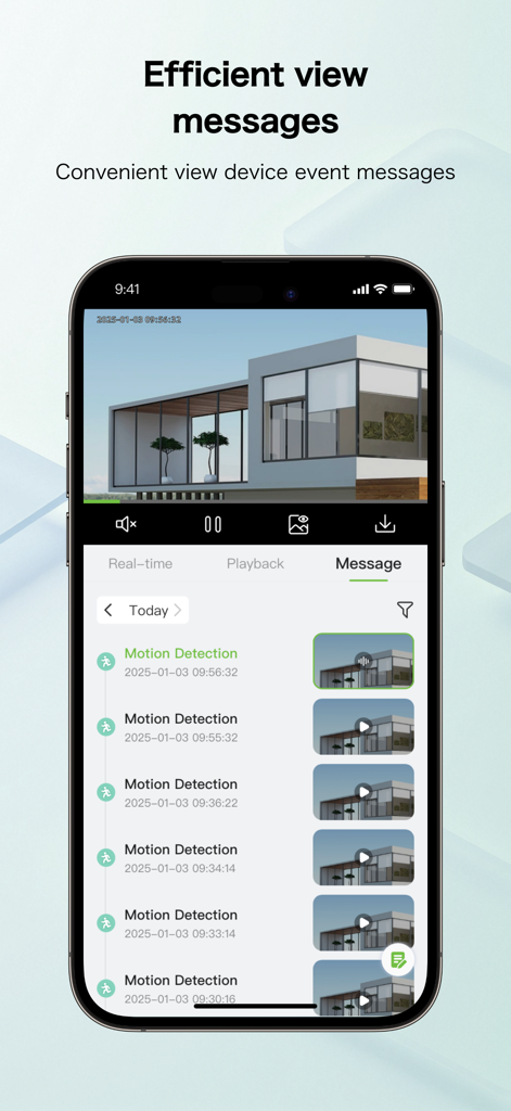 AiCAM: AI Powered IP Camera - AiCAM app interface displaying a chronological list of motion detection event messages with video thumbnails.
