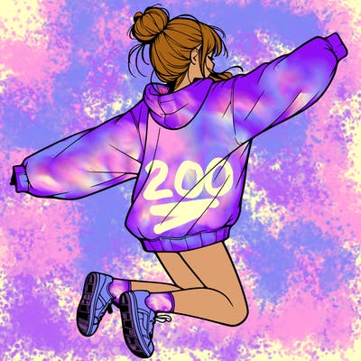 realistic girl jumping with a bun and oversized sweatshirt