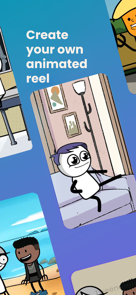 A promotional screen for Tweencraft app showcasing animated characters and the text Create your own animated reel