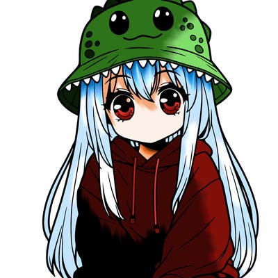 girl with anime shaped eyes with a dinosaur bucket hat oversized sweatshirt long straight hair