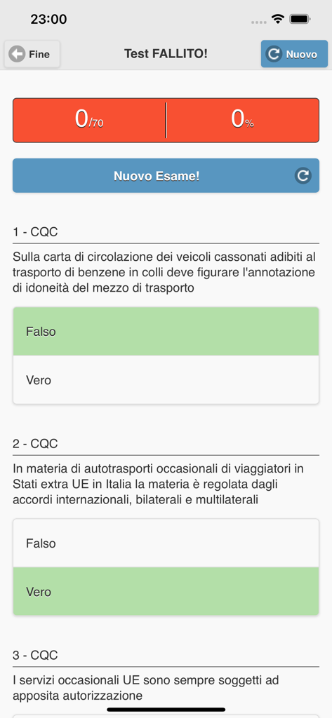 Quiz CQC Merci 2026 - Schermata che mostra i risultati del test e le domande di pratica per l'esame di guida professionale italiano CQC Merci.