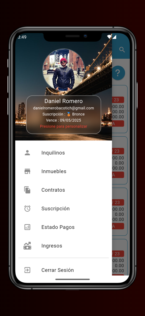 Interface do aplicativo móvel mostrando o menu de navegação lateral com opções de gestão de propriedades como inquilinos, propriedades e contratos
