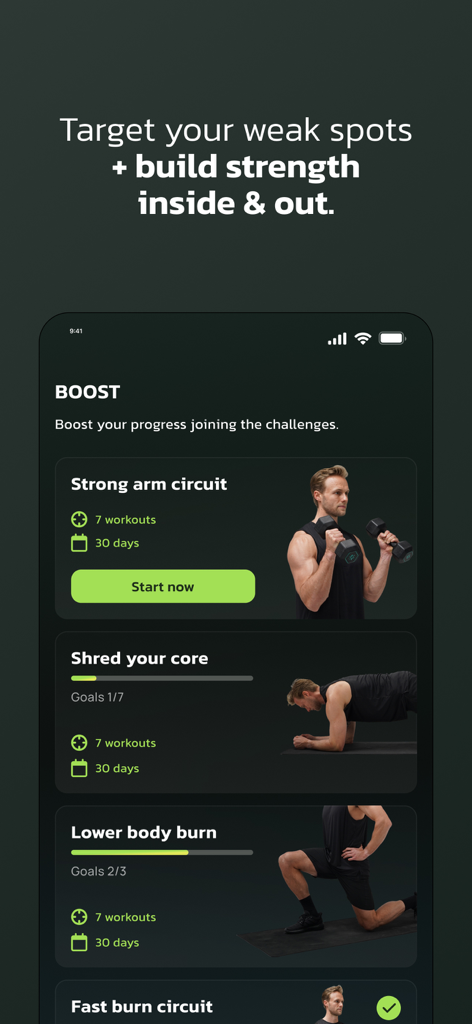 Muscle Charge - Muscle Charge app interface featuring targeted fitness challenges for arms core and lower body strength