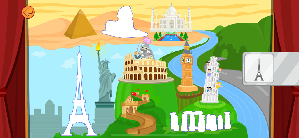 Toddler puzzle game screen showing world monuments like the Eiffel Tower and Statue of Liberty