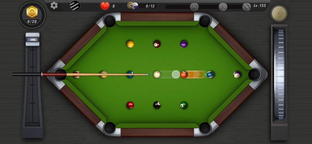 Gameplay of Pooking Billiards City featuring a hexagonal pool table and realistic cue ball physics.