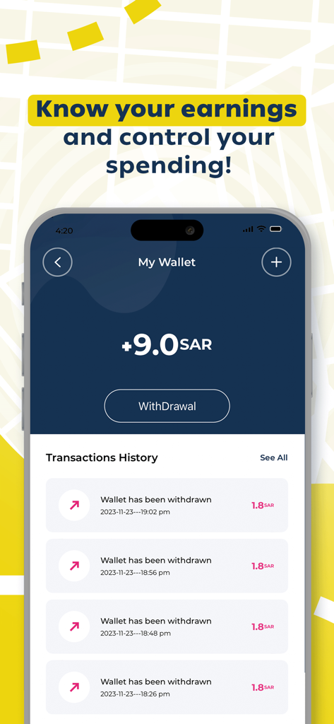 Captain One Driver - Captain One Driver app interface displaying the wallet balance and a list of recent withdrawal transactions.