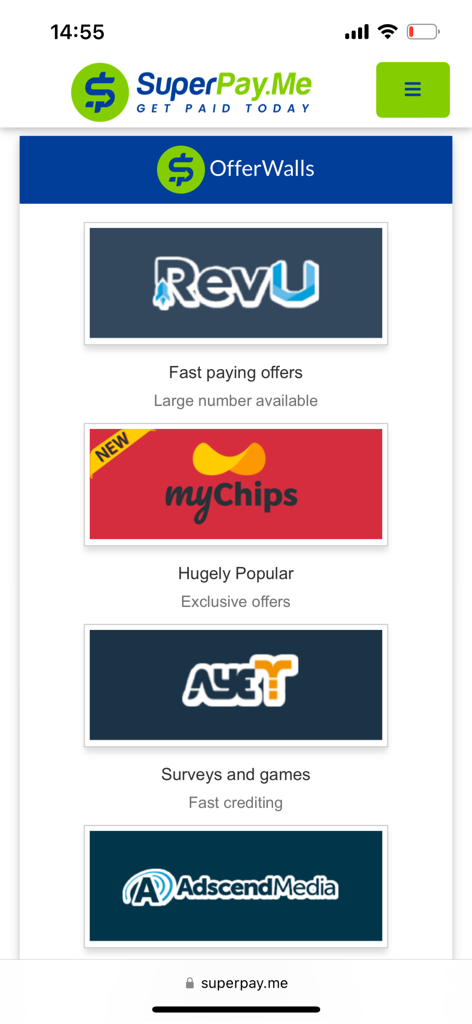 SuperPayMe app interface showing OfferWalls with survey and game options from providers like RevU and myChips