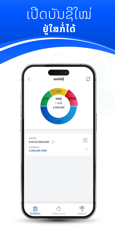 LVB DigiBank - LVB DigiBank mobile app dashboard showing multi-currency account balances for USD THB VND and LAK in a colorful donut chart.