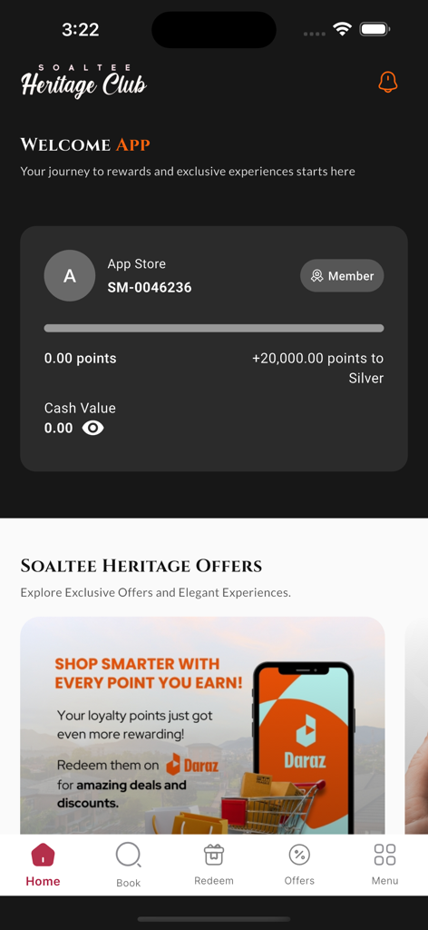 Home screen of the Soaltee Heritage Club app displaying user loyalty points and member status.