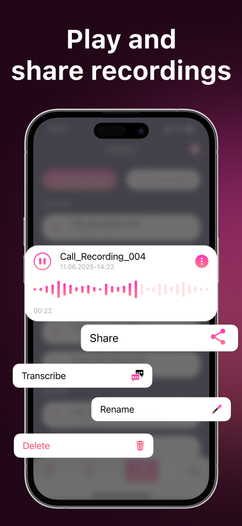 Call Recorder: Record All - Screenshot of the Call Recorder app showing recording playback with share, transcribe, rename, and delete options.