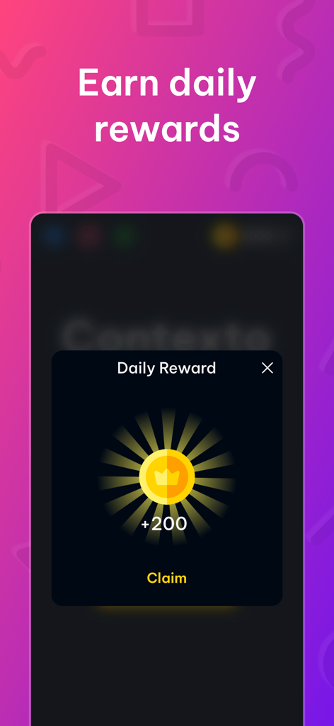 A mobile screenshot showing a daily reward pop-up in the Contexto app with a golden coin and a claim button.