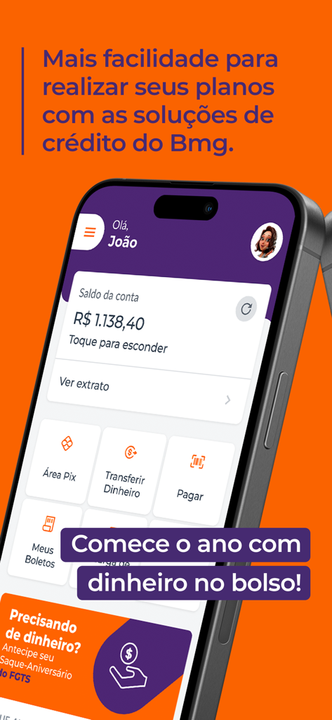 Tela de smartphone mostrando a interface do aplicativo bancário Bmg com saldo da conta e recursos de Pix