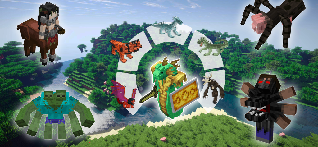 A collection of custom fantasy mobs and character morphs including dragons and mythical creatures in a Minecraft landscape.