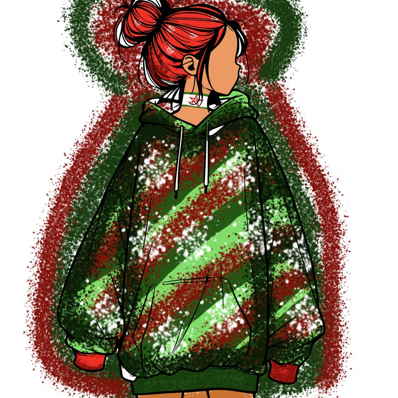 realistic girl with a oversized sweatshirt on and a bun