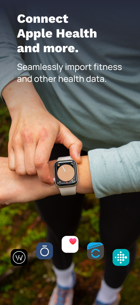 A person wearing a smartwatch with logos for Apple Health and Fitbit showing seamless data import in Cronometer.