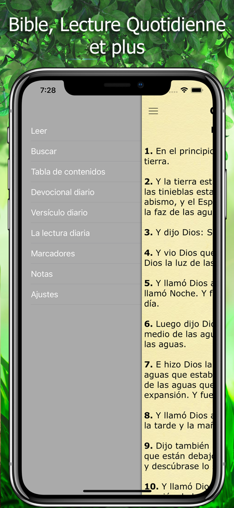 Side menu and scripture verses in the Spanish Reina Valera Bible app displayed on a smartphone