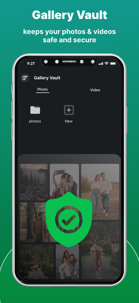Web Scanner - Dual App - A screenshot of the Gallery Vault feature in the Web Scanner app showing secure photo and video storage with a protective shield icon.