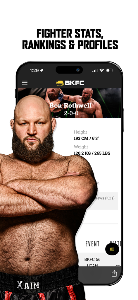 Fighter profile and statistics in the Bare Knuckle TV app