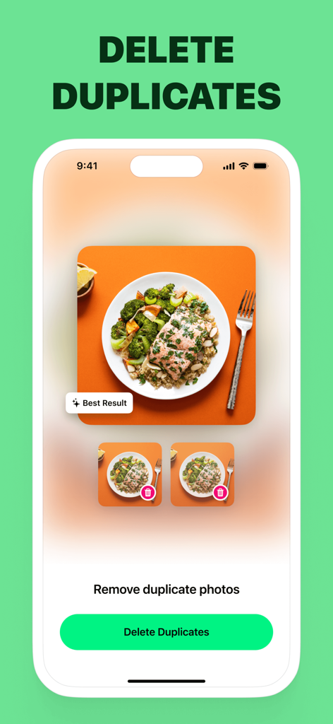 Pro Cleaner App-Oberfläche zeigt das Entfernen doppelter Fotos und die Auswahl des besten Ergebnisses