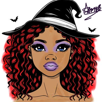 realistic black girl with wavy hair and witch hat and nose and lips