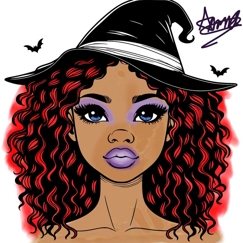realistic black girl with wavy hair and witch hat and nose and lips
