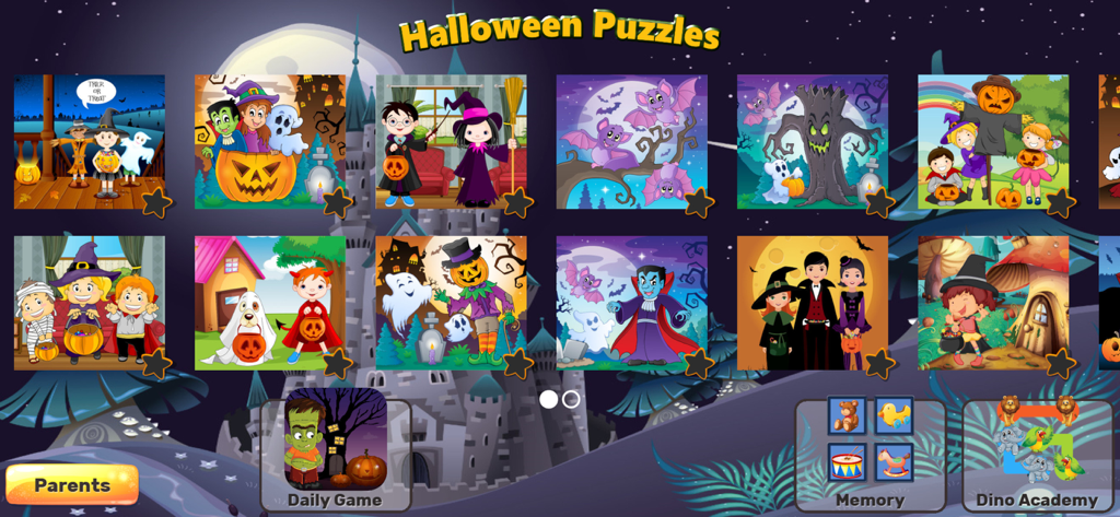 Halloween Puzzle Game for Kids - Selection menu for Halloween Puzzle Game for Kids showing various themed puzzles and game modes
