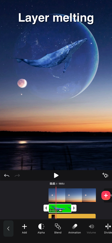 剪影 - 视频剪辑 & 卡点影集制作 - A mobile video editing interface showcasing a layer melting effect with a whale superimposed over a moon and sunset landscape.