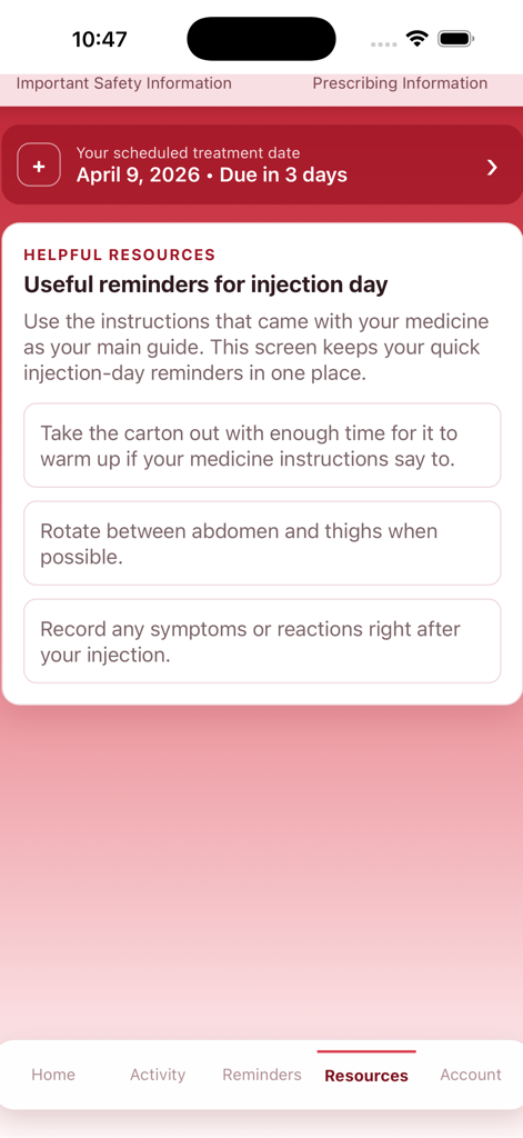 DoseTrack Injection Log - DoseTrack app screen showing helpful reminders for injection day and a countdown to the next scheduled treatment