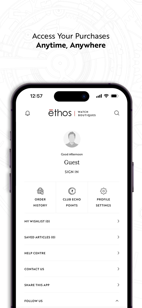 Ethos Watches - User account and profile management screen in the Ethos Watches app