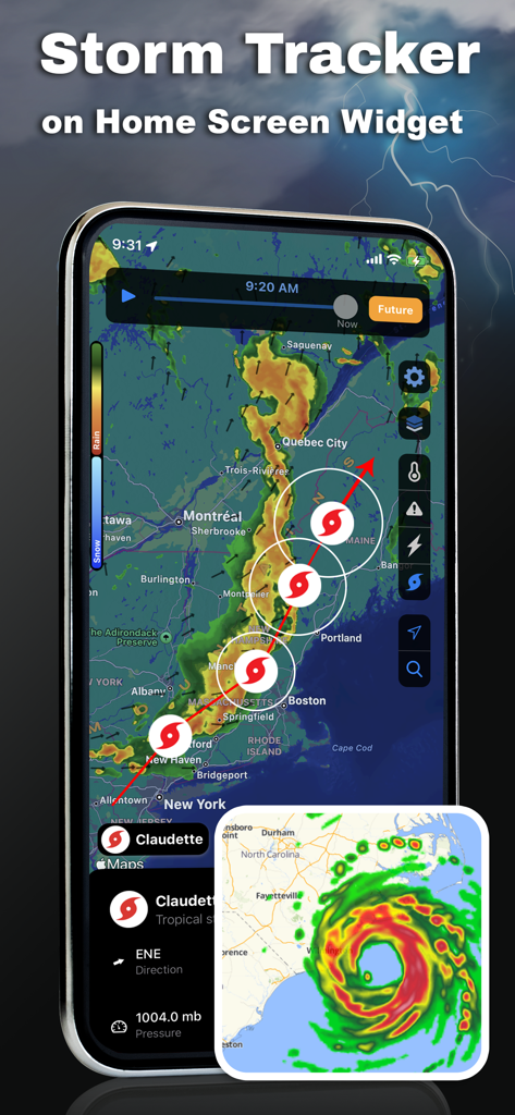 NOAA Weather Radar SkyFlip app showing hurricane tracking and storm radar on an iPhone screen with a widget