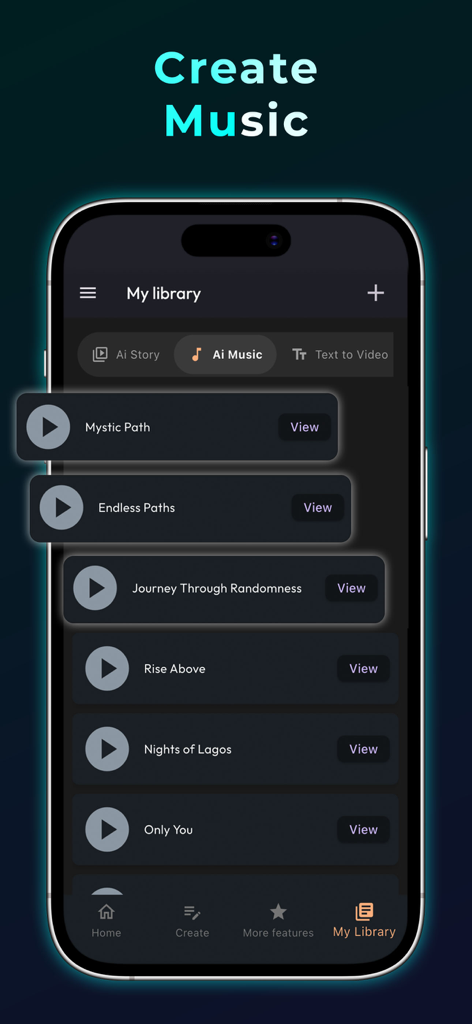 Aienvoy mobile app interface showing a library of AI generated music tracks like Mystic Path and Rise Above