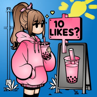 girl with oversized hoodie drinking boba and she has a high ponytail with a sign that says 10likes?