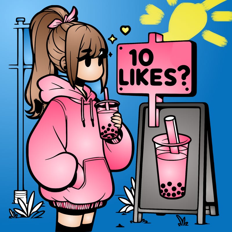girl with oversized hoodie drinking boba and she has a high ponytail with a sign that says 10likes?