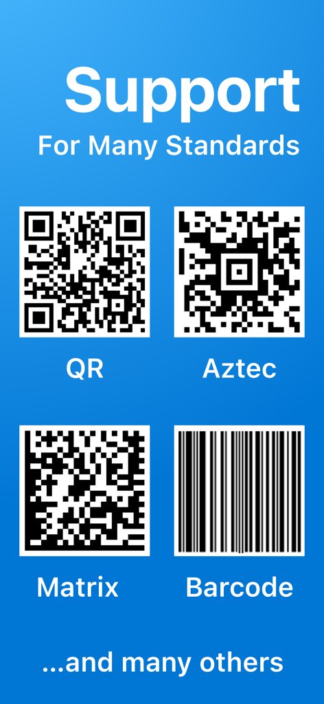 QR Pro scanner app interface showing support for QR, Aztec, Data Matrix, and Barcode standards.