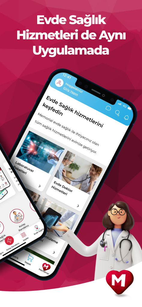 Memorial mobile app interface showing home healthcare services with a female doctor avatar