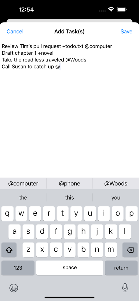 TodoTxt++ - Screen showing the addition of multiple tasks with context and project tags in TodoTxt++