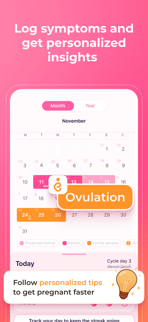 Eshe: Cycle, Health & AI guide - Eshe app interface displaying a menstrual cycle calendar with ovulation and period tracking insights