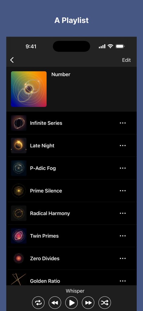 Music Player+ - Captura de pantalla en modo oscuro de la app Music Player Plus mostrando una lista de reproducción de música con nombres de pistas y controles de reproducción