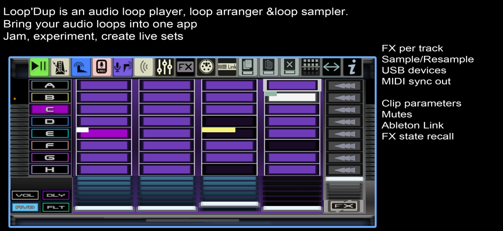 LooP'Dup App-Oberfläche, die ein Session-View-Gitter mit Audiotracks und Effekten für die Musikproduktion zeigt