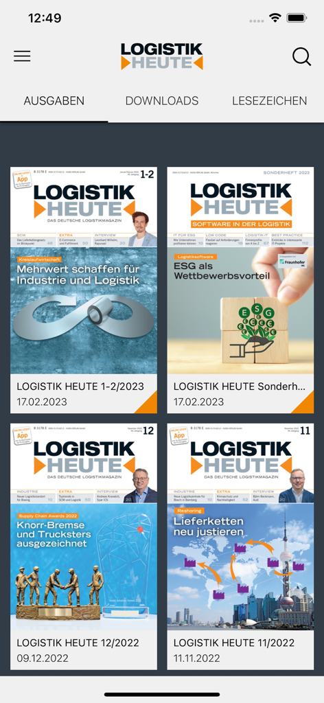 LOGISTIK HEUTE - Digital magazine covers displayed in the LOGISTIK HEUTE mobile application.