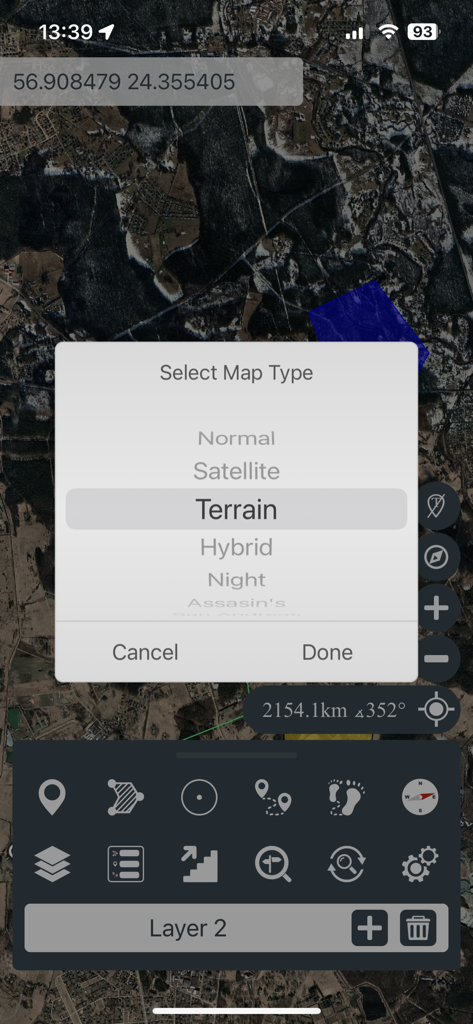 Mgrs & Utm Map - A mobile interface for Mgrs and Utm Map showing a satellite map view with a pop-up menu to select map types including Terrain and Satellite.