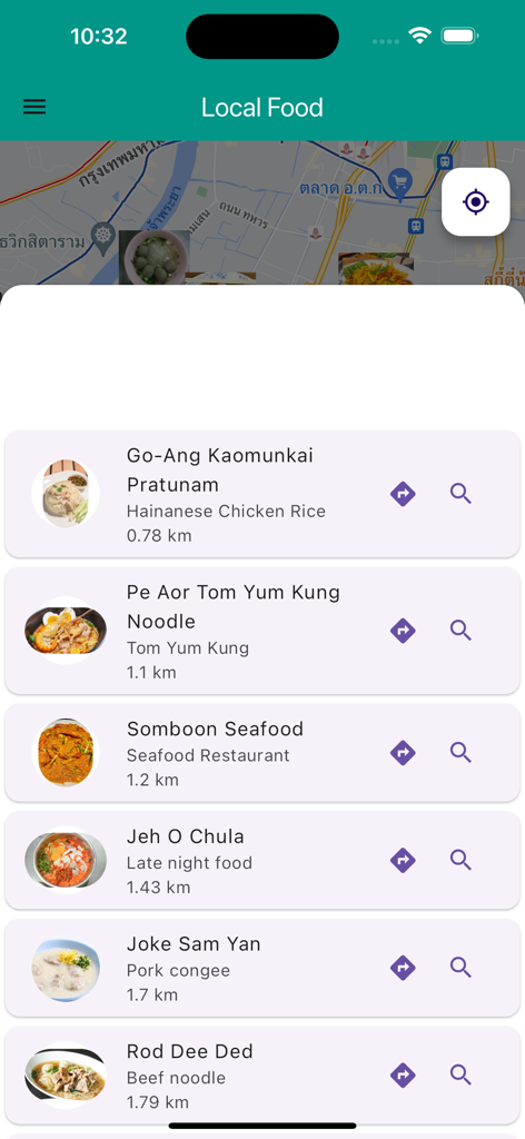 Una lista de restaurantes locales recomendados en Bangkok con nombres, distancias y tipos de comida en la aplicación Mapa Guía BKK