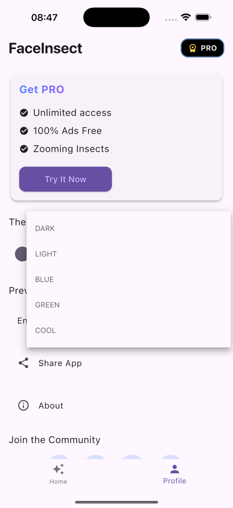 FacePlay: FaceAI Frank Video - Tela de perfil do aplicativo FacePlay mostrando benefícios de assinatura PRO e menu de seleção de tema