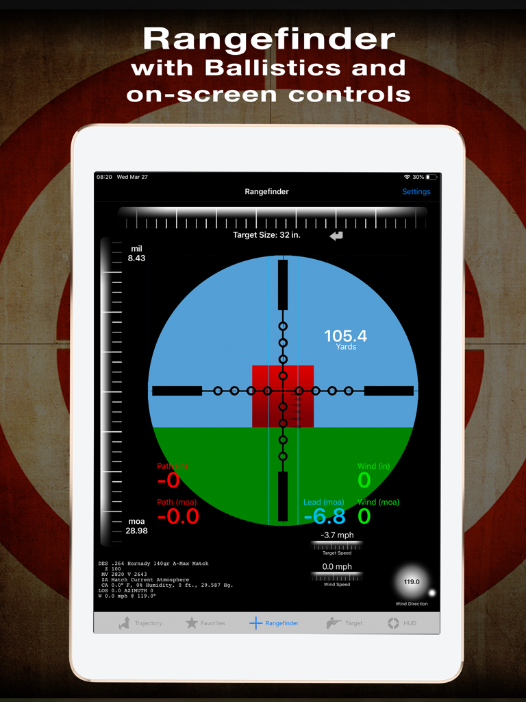 Rangefinder interface in Ballistic iPad Edition app showing precision reticle with target distance and trajectory data.