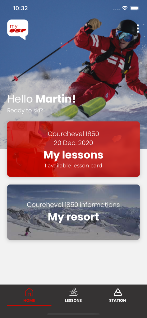 Home screen of the my esf mobile app showing personal ski lessons and resort information for Courchevel