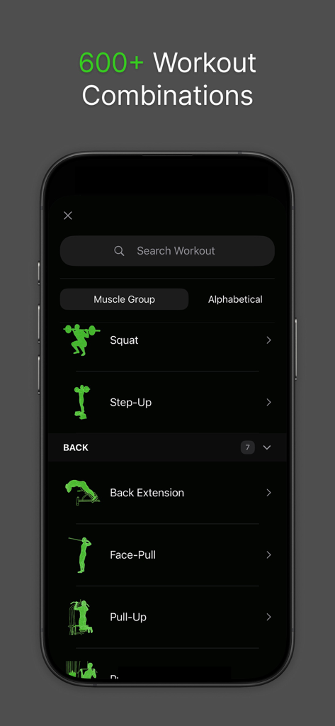 TrainTrack - Strength Tracker - Interfaz de la aplicación TrainTrack que muestra una lista de ejercicios de entrenamiento de fuerza buscables organizados por grupo muscular