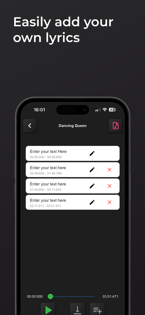 Une interface mobile montrant comment ajouter et modifier des paroles de chansons avec des horodatages dans l'application Easy Performer.